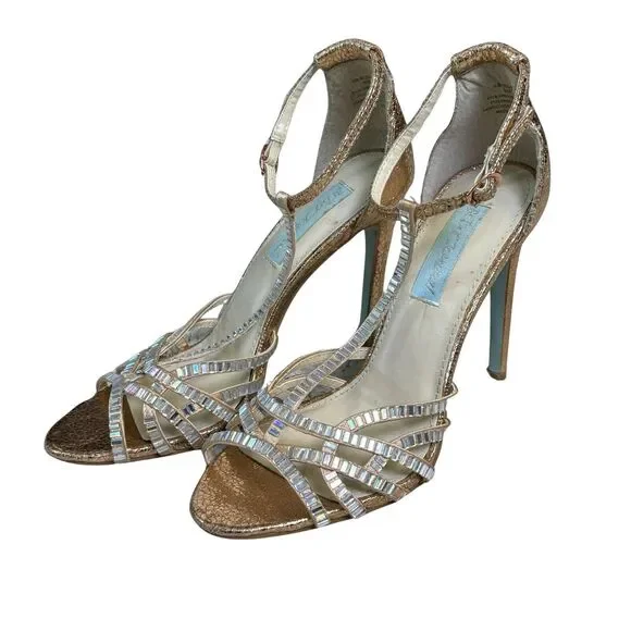 Betsey Johnson Women's High‎ Heel Shoes Sz 6 Gold Rhinestone T-Strap Dressy - Picture 7 of 11